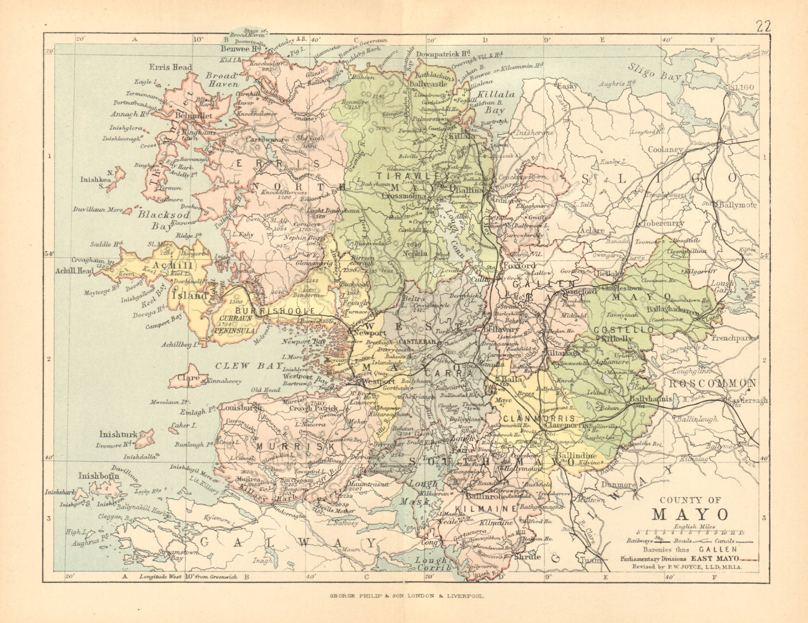 COUNTY MAYO. Antique county map. Connaught. Ireland. BARTHOLOMEW c1902 old